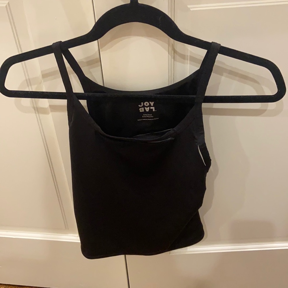 Black workout tank with cutout in back and mesh bottom, Lab Joy, size XS, crop